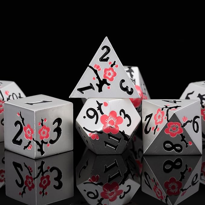 D&D Metal Dice, 7 PCS Flower DND Metal Solid Dice Set with Gift Case for Dungeons and Dragon Tabletop Game (Silver-Pink)