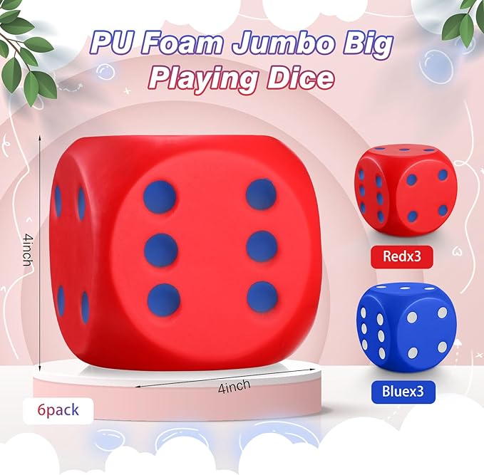 6 Pcs 4" Large Foam Dice Giant Cube with 6 Sided Number Dots Jumbo Soft Slow Big PU Foam Stress Ball for Party Game Math Learning Props Stress Relief Gifts(Red, Blue)