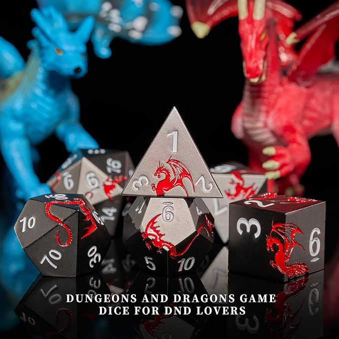 Metal DND Dice Set Dragon D&D Dice for D&D Dungeons and Dragons Gift TTRPG Metal Dice with Dragon Dice Box(Black Red Dragon)