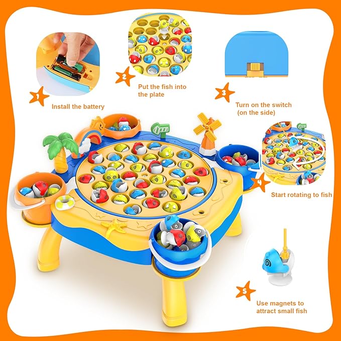 Awsoo Fishing Game Toys for 3 4 5 Year Old Boy, Toddler Toys Age 3-4, 45 Fishes and 4 Fishing Poles Rotating Board Game with Music, Birthday Gift for Toddler Boy Toys