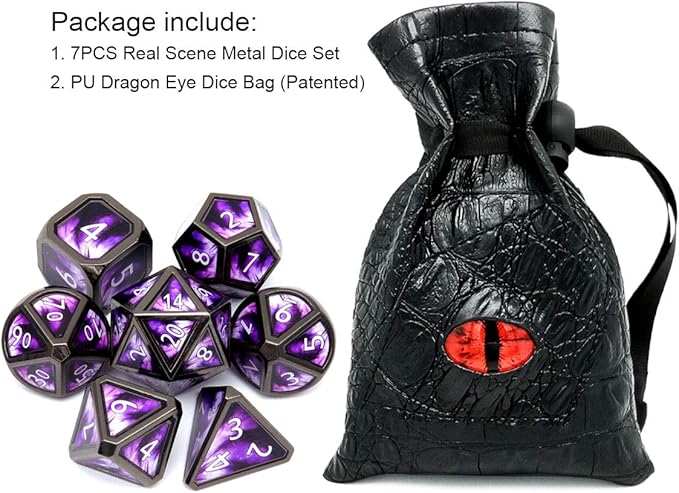 Haxtec Metal DND Dice Set Purple Black Real Scene D&D Metal Dice Set for Dungeons and Dragons TTRPG DND Gifts Elderitch Blast