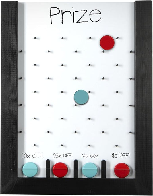 Ilyapa Tabletop Plinko Board Game - 13x17 Inch Portable Prize Drop Plinko Board for Events and Trade Show - Penny Drop Game Includes 8 Coin Discs, Wooden A-Frame Whiteboard Sign, Eraser