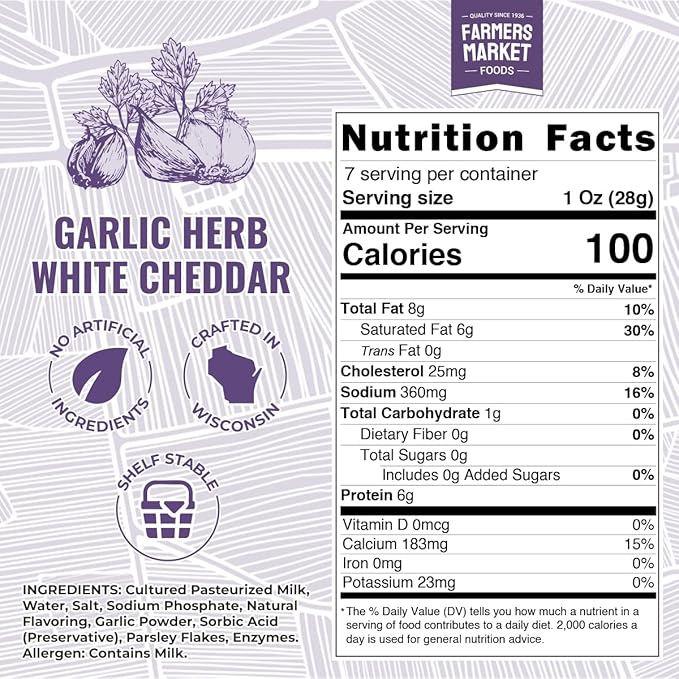 Farmers' Market Garlic Herb White Cheddar Cheese Block 7oz, Shelf Stable, Locally Sourced Wisconsin Cheese, All Natural Cheese Snack, Perfect for Slicing and Shredding, 3-Pack