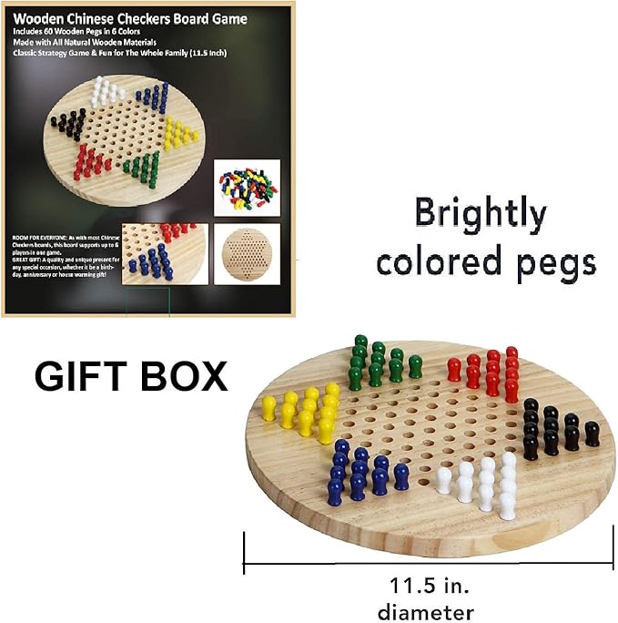 Chinese Checkers Board - Classic Strategy Game & Fun for The Whole Family, Includes 60 Wooden Pegs in 6 Colors, Made with Natural Wood (11.5 Inch)