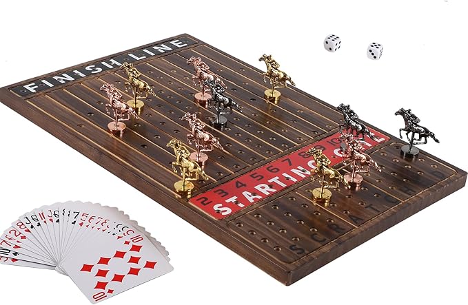 Horse Race Board Game Finish Line Racing Game with 11 Luxurious Metal Horses with 4 Dice and 2 Boxes of Cards Solid Wood Horse Racing Game Board Color Box Packaging (Small, Fire Burning Color)