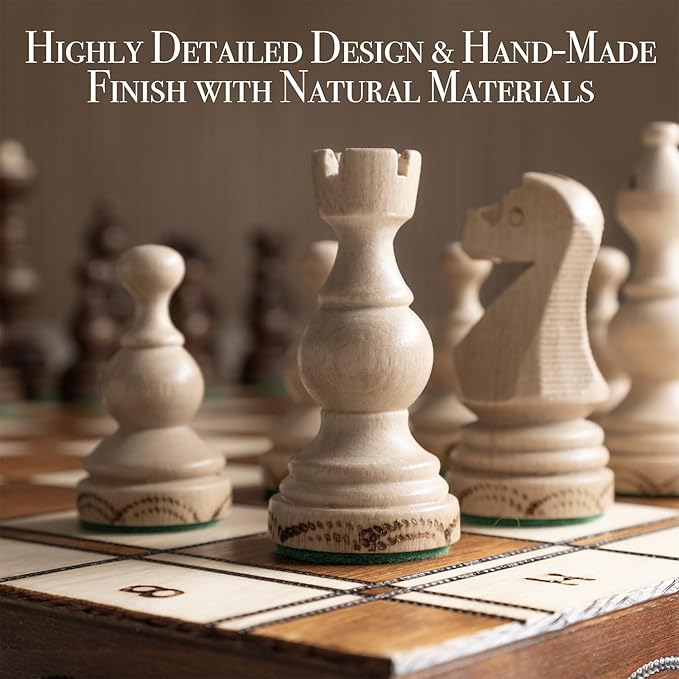 Wegiel Legate Luxury Wooden Chess Set for Adults and Kids - 18 Inch Handcrafted from Premium Beech and Birch Wood - Unique Folding Design with Chess Piece Storage