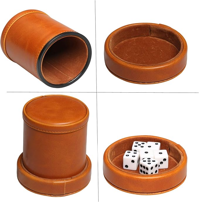Leatherette Dice Cup with Lid includes 6 Dices, Velvet Interior Quiet in shaking for Liars Dice Farkle Yahtzee Board Games, Brown