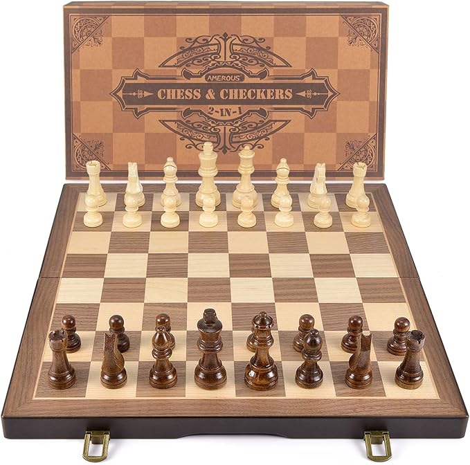 AMEROUS Magnetic Wooden Chess and Checkers Game Set, 15 Inches (2 in 1) Chess Board Games, 2 Extra Queens - Gift Package - Game Pieces Storage Slots, Beginner Chess Set for Kids, Adults