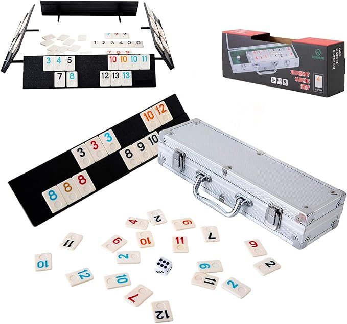 106 Tiles Rummy Game - Travel Games Rummy Board Game Rummy Set with Aluminum Case & 4 Anti-Skid Durable Trays