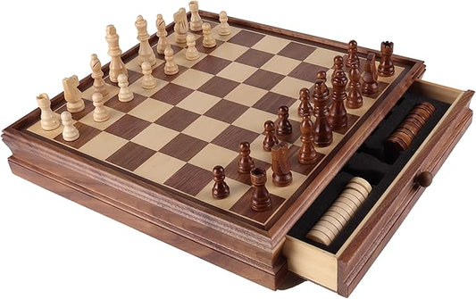 GSE Games & Sports Expert 15" Large Wooden 2-in-1 Chess & Checkers Board Game Combo Set with Drawer, Board Games Chess Checker Set for Kids & Adults