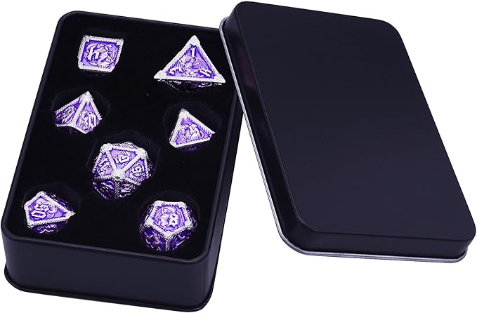 AUSTOR 7-Die Metal DND Dice Set Dungeons and Dragons Polyhedral Roll Playing Dice with Box D20 D12 D10 D% D8 D6 D4 for Pathfinder MTG RPG Board Games