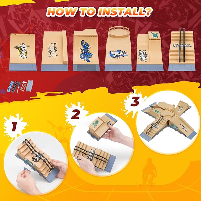 Finger Skateboards Ramp Set, 6 in 1 Fingerboard Skatepark Deck with 6 Ramps, Fingerboard Half Pipe Ramp for Kids Adults Fingerboard Training Props Interactive Freestyle Skate Game, Yellow