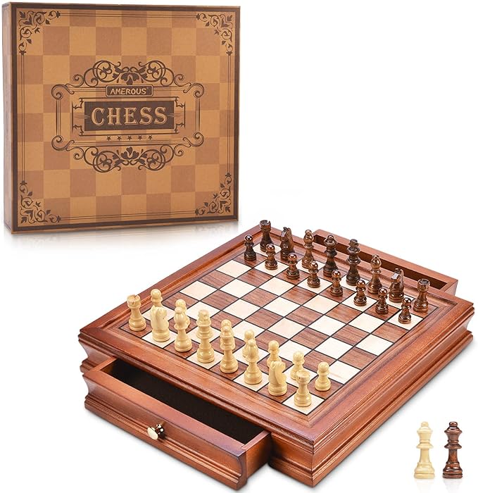 AMEROUS 12.8'' Magnetic Wooden Chess Set / 2 Built-in Storage Drawers / 2 Extra Queen/Gift Package/Chess Rules/Classics Strategy Board Games Chess Sets for Kids and Adults
