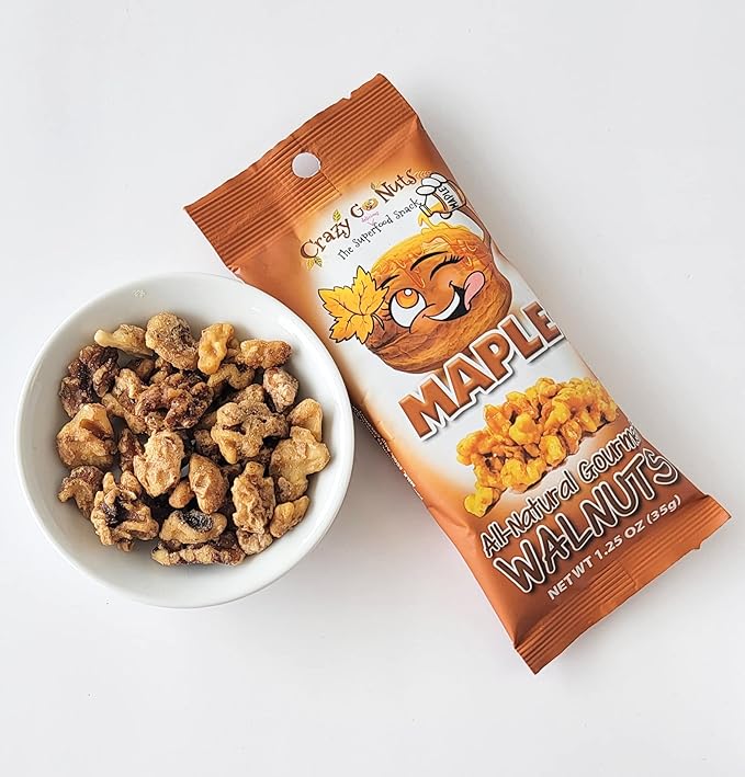 Crazy Go Nuts Walnuts Maple - Glazed Walnuts, Healthy Snacks, Vegan, Low Carb, Gluten Free, Superfood - Natural, Non-GMO, ALA, Omega 3 Fatty Acids, Good Fats, and Antioxidants - 1.25 Oz, 6-Pack