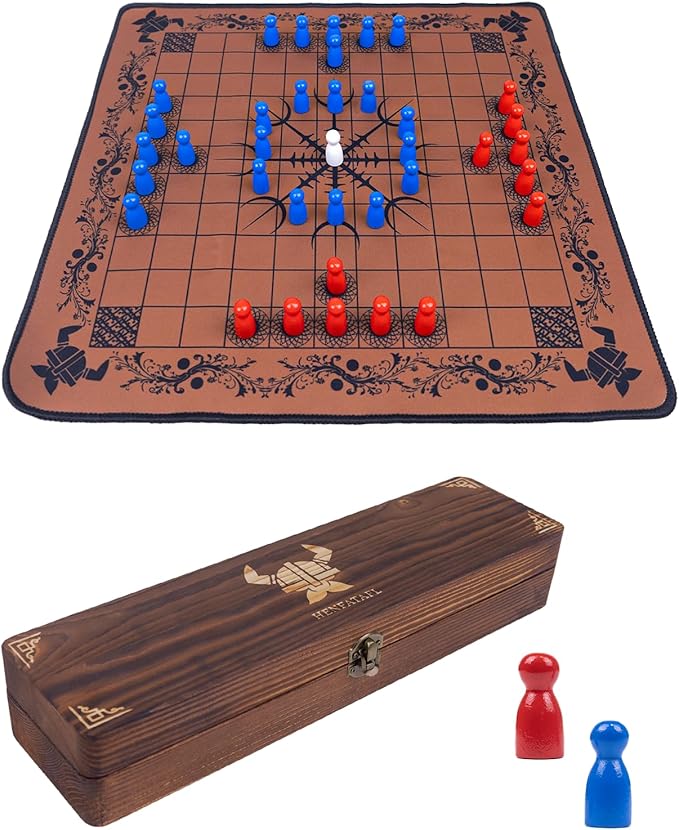 Hnefatafl Viking Chess Board Set,Two Player Strategy Board Game with A Wooden Storage Box, A Rubber Viking Chess Mat and 37pcs Colorful Chess Pieces