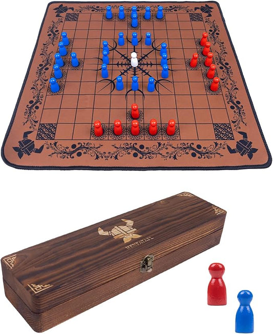 Hnefatafl Viking Chess Board Set,Two Player Strategy Board Game with A Wooden Storage Box, A Rubber Viking Chess Mat and 37pcs Colorful Chess Pieces