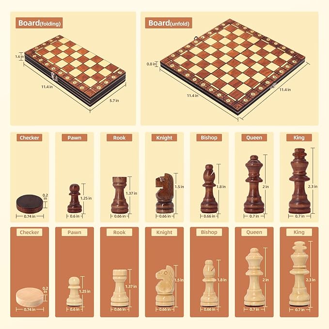 11.4" 3-in-1 Magnetic Chess, Checkers, and Backgammon Set - Extra Queens - Wooden portable and foldable Board game, Travel Game Set for Adults, Kids and Elder - Gift for parents and children