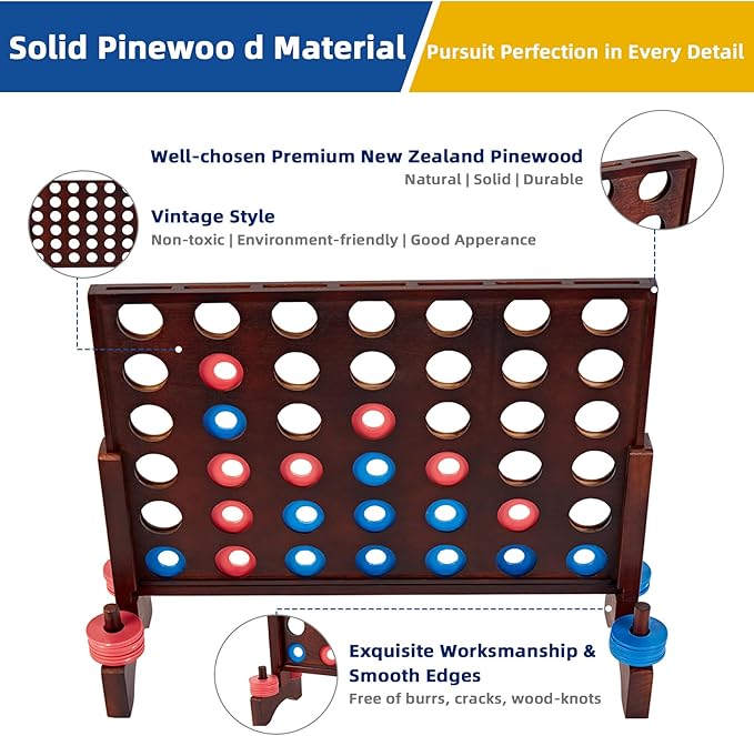 Vintage 26X22In Giant Wooden 4 in a Row, Outdoor Yard Game for Adults Famliy, with 42 Pcs Chips & Durable Carrying Bag, Halloween Christmas Party Game Gifts for Lovers