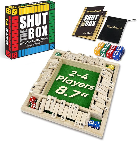 Shut The Box for 2 4 Players Math Family Game Night Quick Dice Game for Party Camp Bar Travel Class School Wooden Classic Table Top Board Game for Adults Kids Couple Elder 8.7" Portable