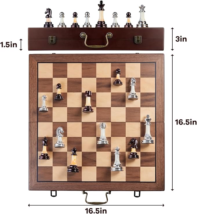 Deluxe Chess Set 16.5'' Wooden Large Folding Chess Board Game with Handle, Weighted Acrylic Chess Pieces - 3.5" King with Storage Slots for Beginners, Professional Players