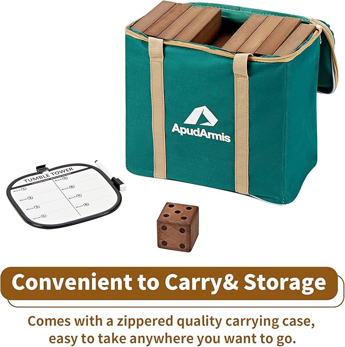 ApudArmis 54 PCS Tumble Timber Set Stack to 3FT, Pine Wooden Tumble Tower Game with Dice and Scoreboard Set - Classic Block Stacking Board Game for Teens Children Teenagers (Brown)