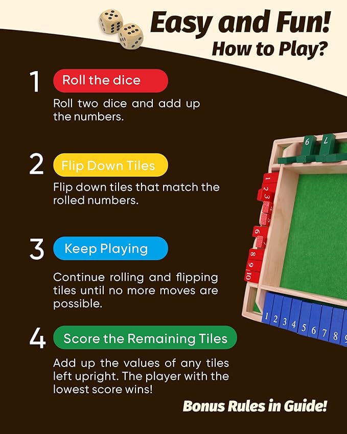 Shut The Box for 2 4 Players Math Family Game Night Quick Dice Game for Party Camp Bar Travel Class School Wooden Classic Table Top Board Game for Adults Kids Couple Elder 8.7" Portable