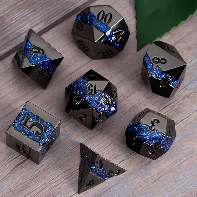 D&D Dice Set Metal,Large Striped Glitter Dice Set.RPG Polyhedral Dice 7pcs Set(Antique Nickel Dark Blue)