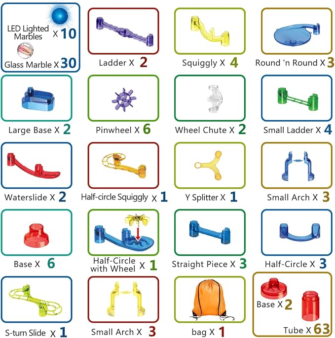 Meland Marble Run Sets for Kids - 153Pcs Marble Race Track Maze Madness Game STEM Building Tower Toy for 4 5 6 + Year Old Boys Girls(113 Pcs + 30 Glass + 10 Led Lighted)