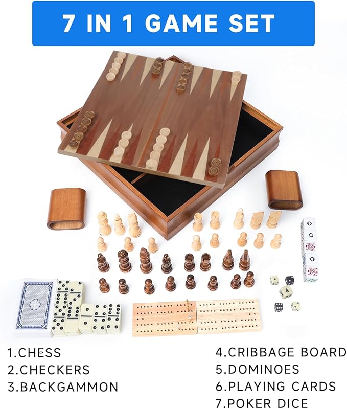 GSE Games & Sports Expert Wooden 7-in-1 Board Game Set - Chess, Checkers, Backgammon, Dominoes, Cribbage Board, Playing Card & Poker Dice Game Combo Set (Old Fashioned)