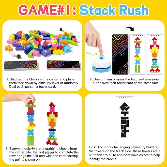 Wooden Block Game 120Pcs Fast-Paced Stacking Building Block Game Challenging Board Games for Kids 1 to 6 Players Color Block Puzzles Party Games for Ages 4+