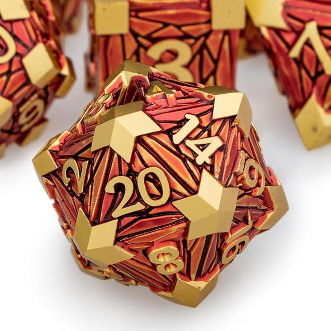 Metal DND Dice Set Golden Red Debris RPG D and D Dice for use with D&D Tabletop Games Role Playing Game Polyhedral Dice Set with Box D20 D12 D10 D8 D6 D4