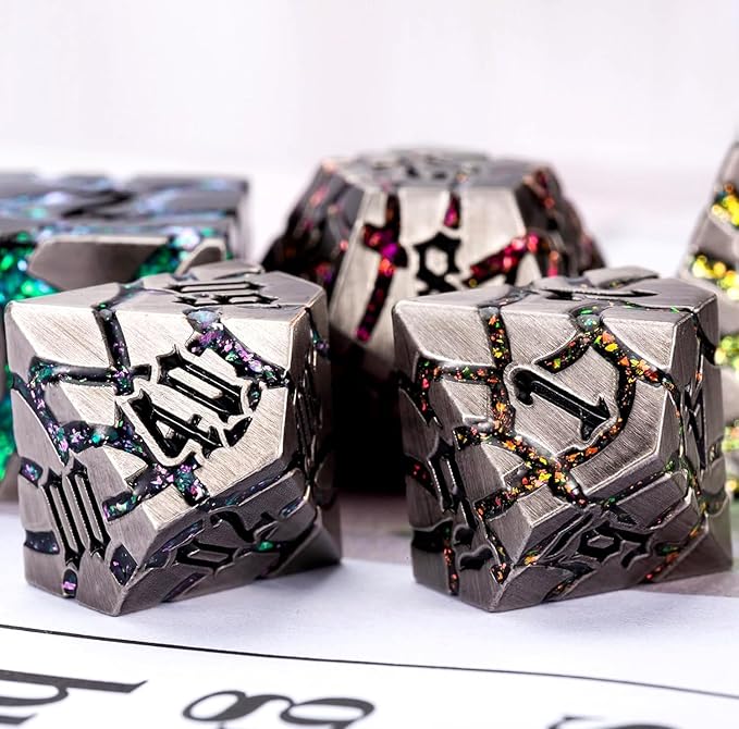 Metal Dice Set D&D,Crack Metallic DND Dice Set with Box, Metal Glitter RPG Dice for Dungeons and Dragons Table Game(Antique Nickel 7 Colors)