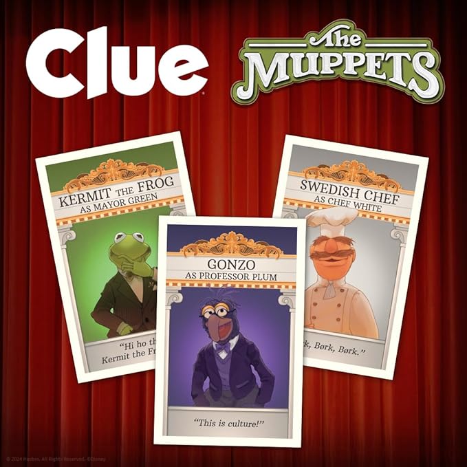 CLUE: The Muppets, Classic Board Game, Solve The Mystery in The Muppet Theater with Kermit, Fozzie, & More, Discover Who, Where, and What Weapon was Used, Officially Licensed The Muppets Merchandise
