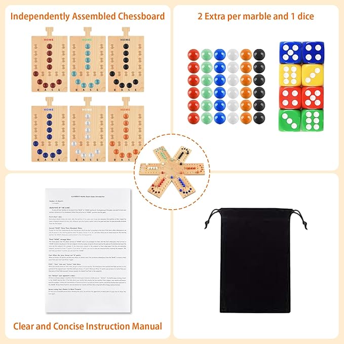 Deeper Holes & Larger Marbles Original Wooden Marble Board Game, Portable for 2-6 Players, Wahoo Game with 36 Marbles & 12 Dice for Family, Friends, Party, Travel, and Camping