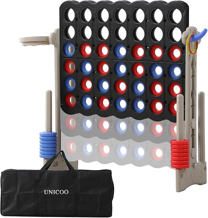 UNICOO® Height Adjustable Jumbo 4-to-Score Game, 4 in A Row Game with Basketball Hoop, Ring Toss, Carrying Bag, Indoor Outdoor Yard Game, Parties & Family Gatherings