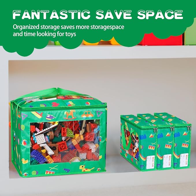 4 Pack Waterproof Toy Storage Bags with Labels,Include 1 Pcs Extra Large and 3 Pcs Large Bags,Oxford Cloth Toy Storage Pouch,Portable Trave Toy Organizer for Board Game, Building Blocks, Puzzle