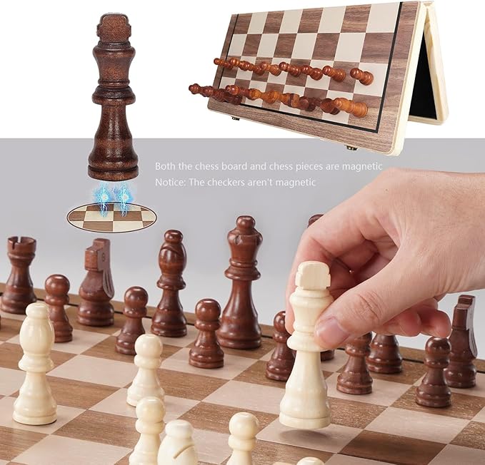 15" Wooden Chess Set | Folding Board, 2 Extra Queens | Magnetic Chess Board Set for Adults & Kids, Pieces Storage Slots Checkers Game for Kids Portable Travel Chess Game for Beginner