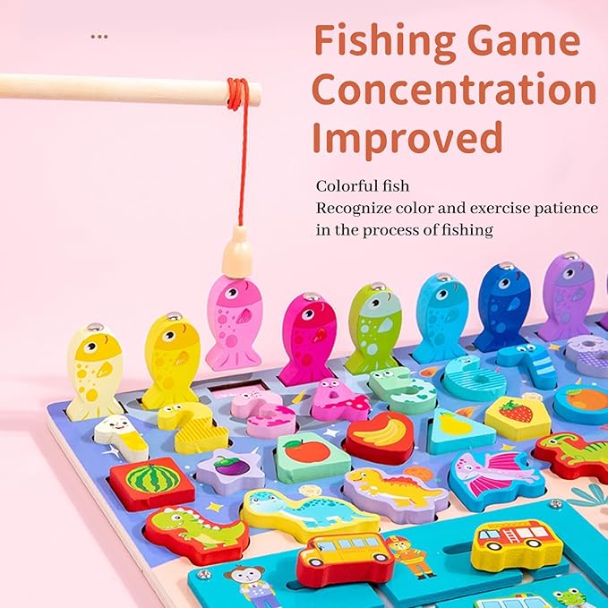 Wooden Number Puzzle Sorting Montessori Toy Busy Board for Toddlers |Shape Puzzle Matching Counting Fishing Game for Ages 2 3 4 5 Years Kids Math Stacking Preschool Educational Learning Activities Toy