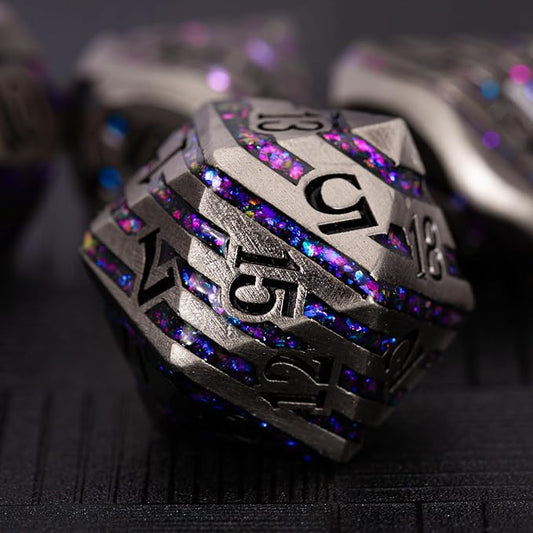 DND Metal Stripe Dice Set,7 PCS Polyhedral RPG Dice Set with Gift Case for Dungeons and Dragons (Antique Nickel Purple)