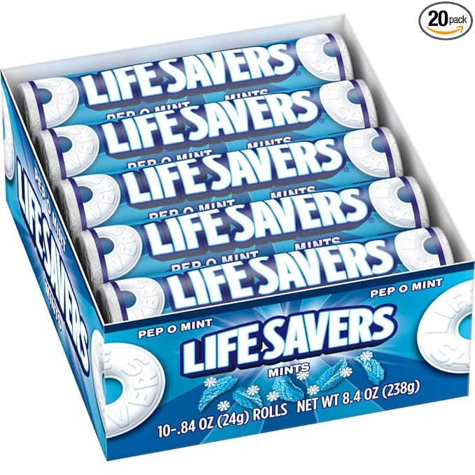 LIFE SAVERS Pep-O-Mint Hard Candy Single Size Rolls, Mints, Bulk Peppermints, Hard Candies, .84 Ounce, 20-Count Box