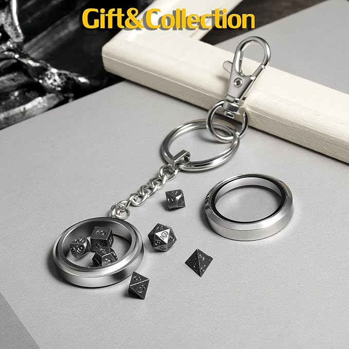 Mini DND Dice,DNDND 6mm Metal Dice Set with Kyechain Silver Stailess Steel Case and Gorgeous Gift Box for Dungeons and Dragon D&D Game (Iron with Silver Case)