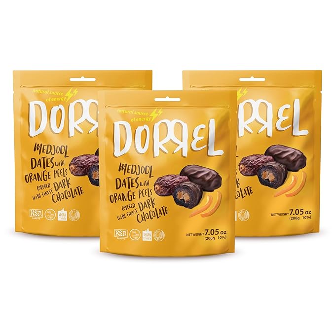 DORREL - Belgian Dark Chocolate Covered Dates (Medjool) with Candied Orange Peels Stuffing, High Energy Vegan Choco Snack, Tasty, Kosher & Non-GMO, Pack of 3 Stuffed Chocolate Dates 7.05 oz / 200 g Ea