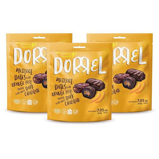 DORREL - Belgian Dark Chocolate Covered Dates (Medjool) with Candied Orange Peels Stuffing, High Energy Vegan Choco Snack, Tasty, Kosher & Non-GMO, Pack of 3 Stuffed Chocolate Dates 7.05 oz / 200 g Ea