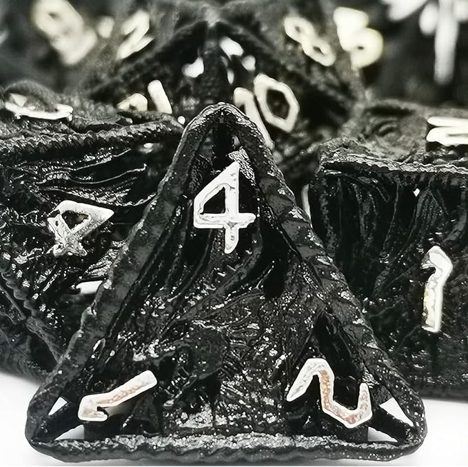 HAOMEJA Dice Hollow DND Dragon Metal Dice Set 7 Role Playing Dice D&D Dungeons and Dragons Dice (Black)