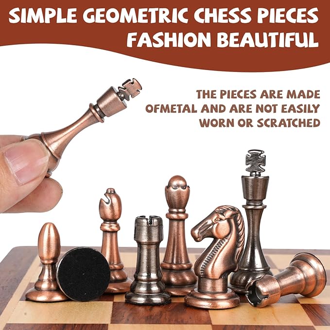 12-Inch Metal Chess Set Pieces – Wooden Chess Board Set Folding Travel Chess Sets,Metal Bronze & Silver Chessmen, Bonus 2 Extra Queens, Portable and Durable Classic Chess Game for Kids and Adults