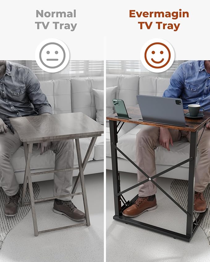 21''Wx28''H Folding TV Tray Set of 2, Small Foldable C-Shaped Tray Table for Eating with Tablet and Phone Slots, Slide Under Couch Side Table for Recliner, Living Room, Bedroom, Rustic Brown