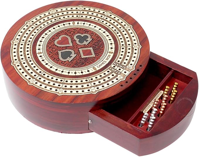 Round Shape 3 Track Non-Continuous Cribbage Board - Push Drawer Storage for Pegs and 1 Deck of Cards with Score Marking Fields for Won Games (Bloodwood/Maple Wood)