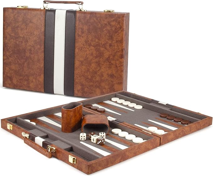 AMEROUS Backgammon Set, 15 Inches Classic Board Game with Leather Case, Folding Board, Gift Package, Portable Travel Strategy Backgammon Game Set for Adults, Kids (Medium, Brown)