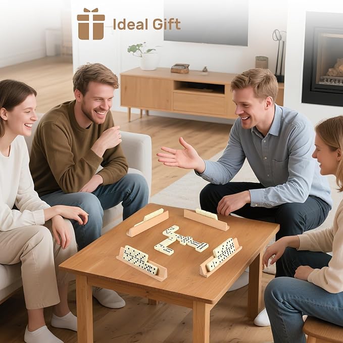 Jumbo Dominos Set for Adults with 4 Wooden Racks/Trays, Double 6 Dominoes Travel Set with Portable Case Double Six Dominoes Set with 4 Tiles Holders, 28 Tiles Dominos Set for Family Board Games