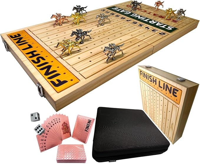 Horse Racing Game for Adults, Foldable Horse Race Board Game with 11 Luxurious Metal Horses (Gold, Silver, Black, RoseGold), 22” Pine Wood Horse Race Game Board, Dice & RoseGoldCard (Log Color)
